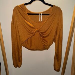 Anthropologie Brown and Mustard Orange Ruched Tie Front Blouse Crop Top